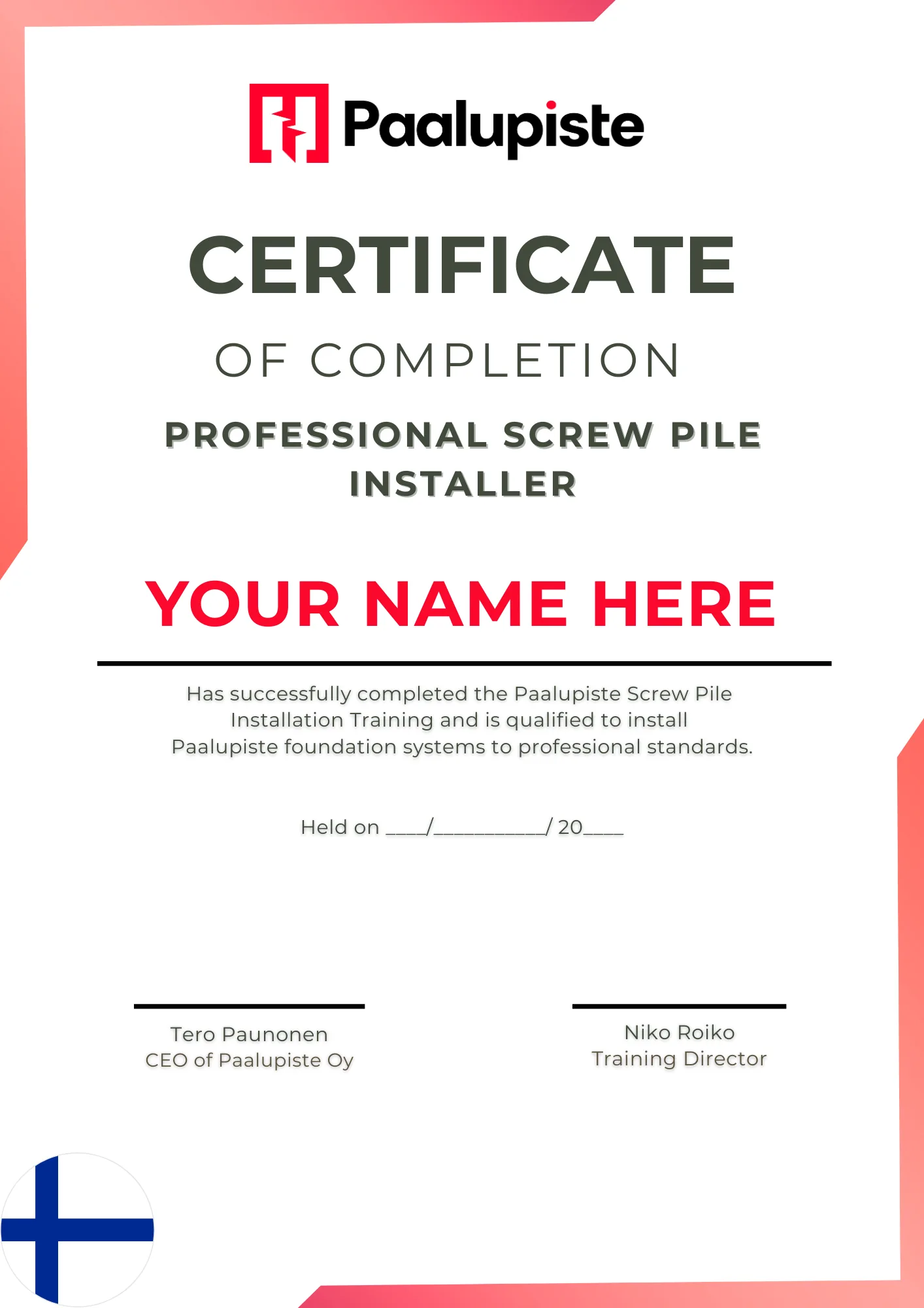 Paalupisteen ammattimaisen ruuvipaaluasentajan sertifikaatti